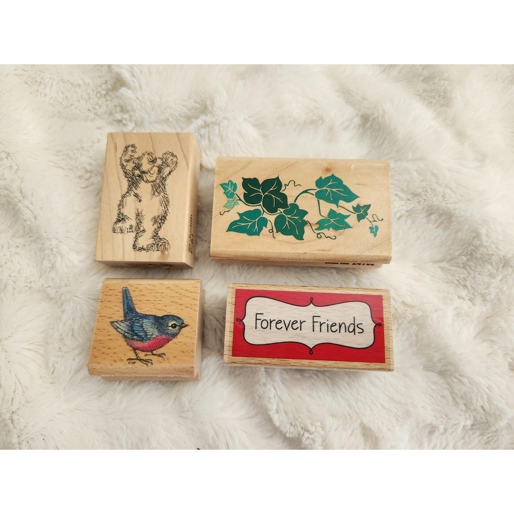 Lot of 4‎ Wooden Rubber Stamps Bear Bird Vines Best Friends